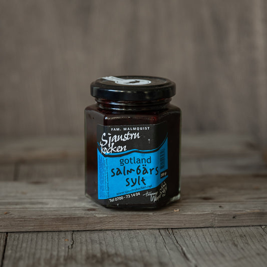 Burk med gotländsk salmbärssylt från Sjaustrukocken